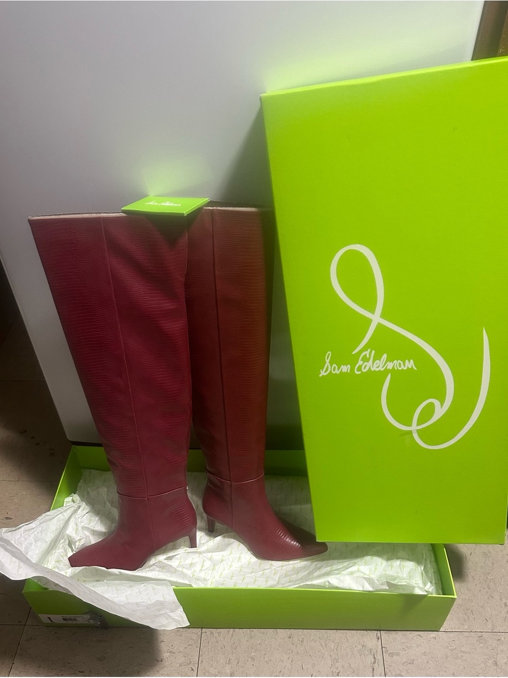 Sam Edelman Ursula Rhubarb Red Over-the-Knee lizard Textured Leather Boots